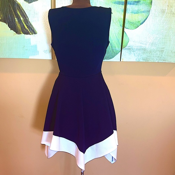 Chocolate USA Navy blue & white fit n flare dress with handkerchief hem sz M/L - Picture 6 of 9